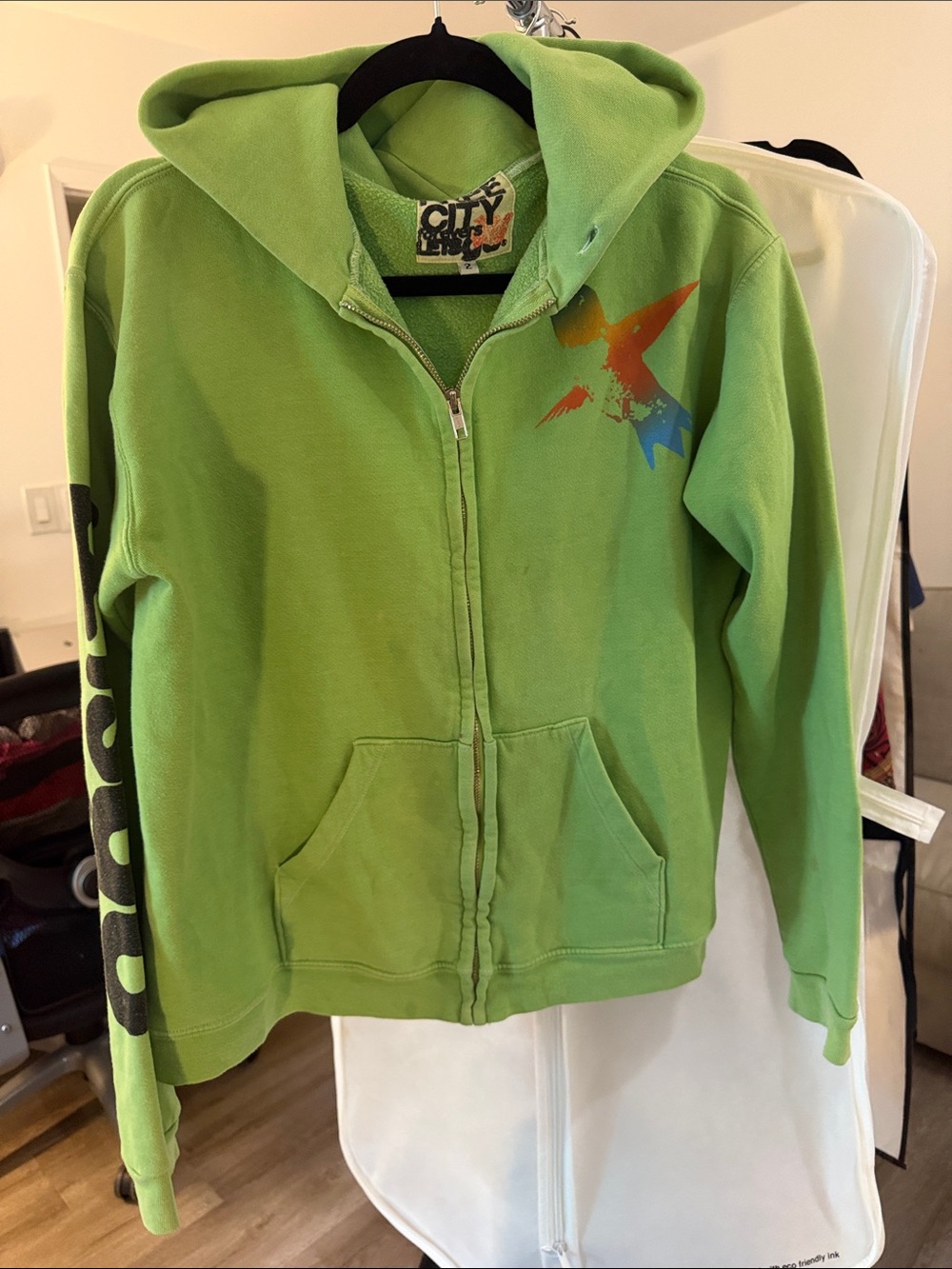 freecity Lime Green Zip-Up Hoodie with Colorful Bird Graphic